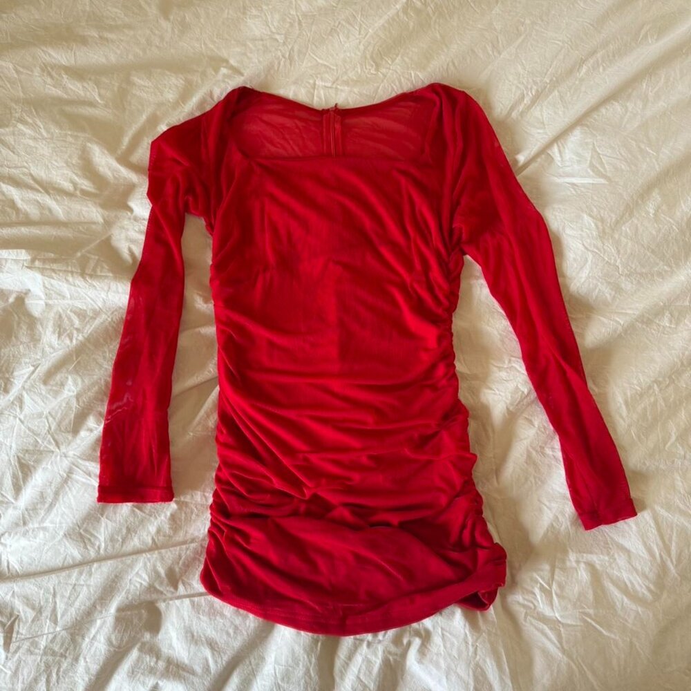 Red Mesh Ruched Bodycon Mini Dress - Club & Party Ready